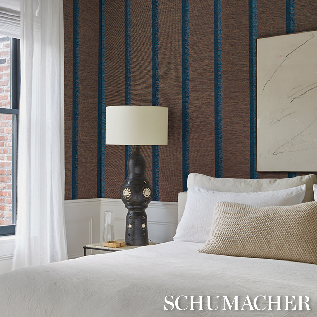 Schumacher Axel Fringe Wallcovering Peacock/Brown Wallpaper Sample 5015710
