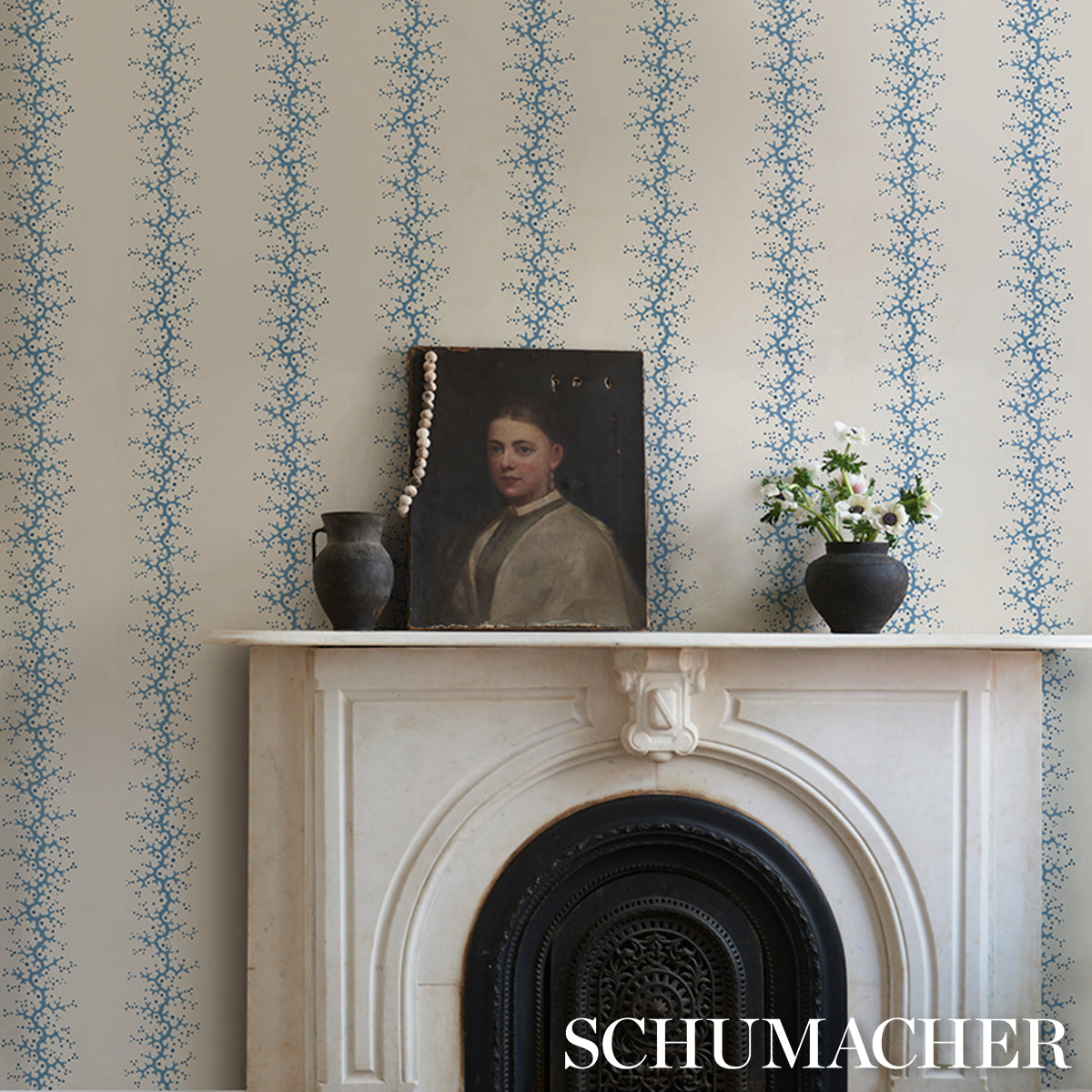 Schumacher Coral Stripe Blue Wallpaper Sample 5016451