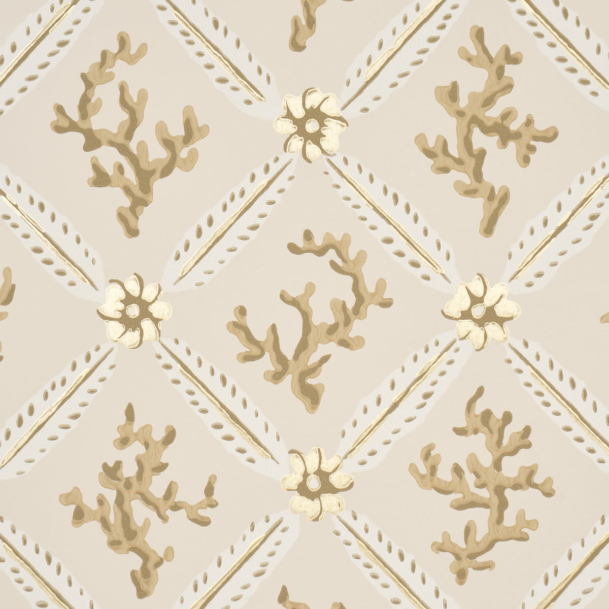 Schumacher Corail Leaf Trellis Champagne Wallpaper Sample 5016640