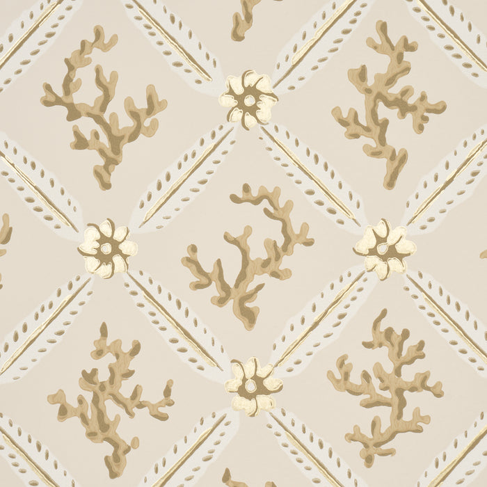 Schumacher Corail Leaf Trellis Champagne Wallpaper Sample 5016640