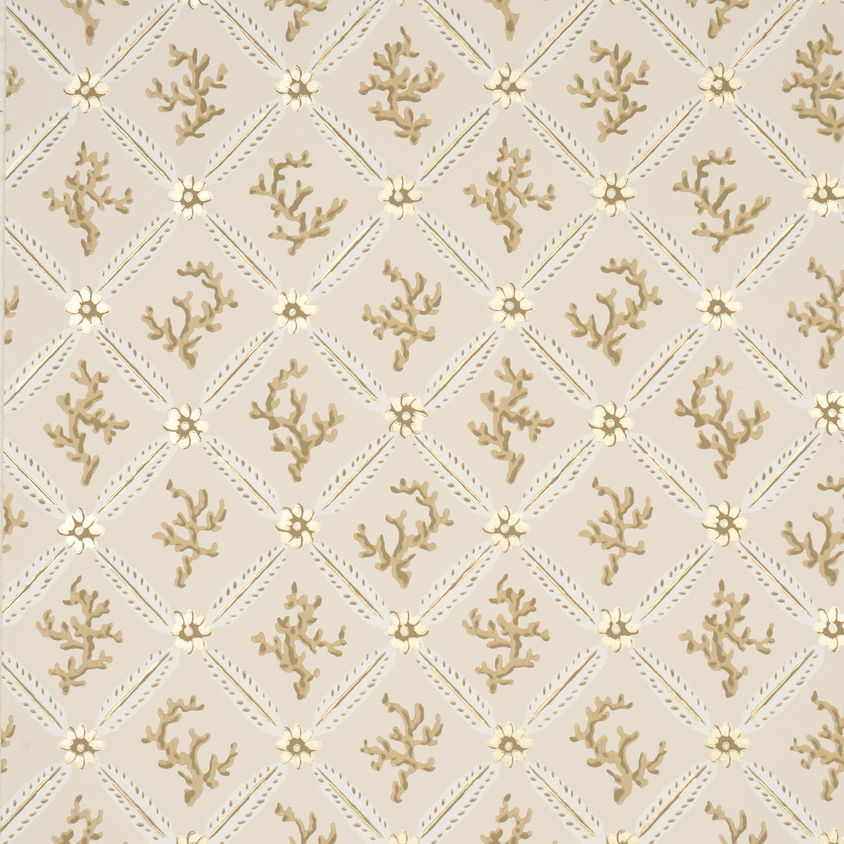 Schumacher Corail Leaf Trellis Champagne Wallpaper Sample 5016640