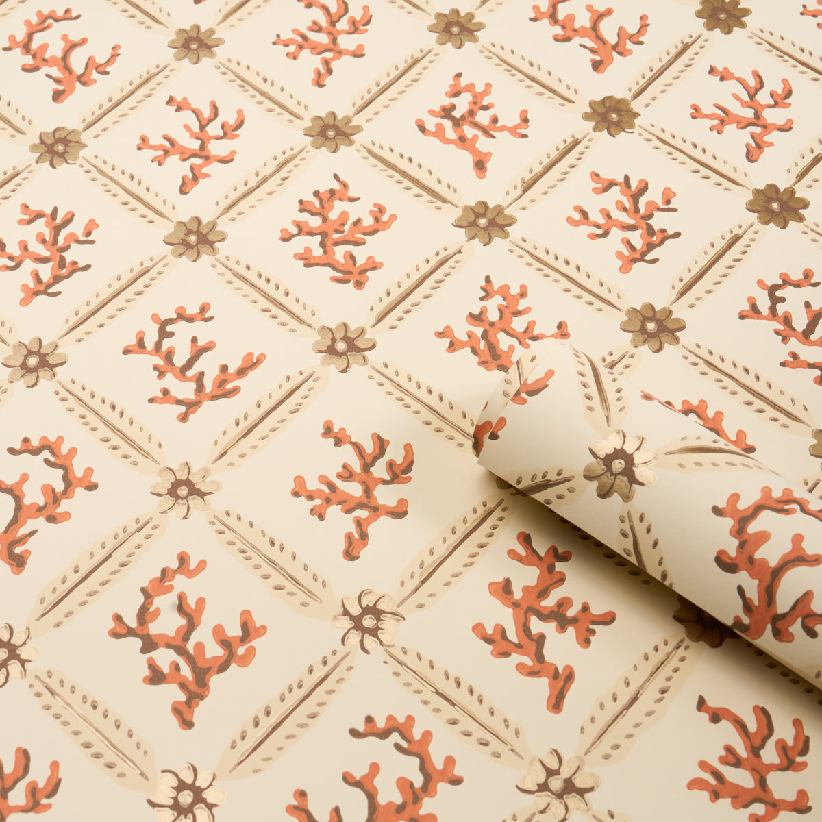 Schumacher Corail Leaf Trellis Coral Wallpaper Sample 5016641