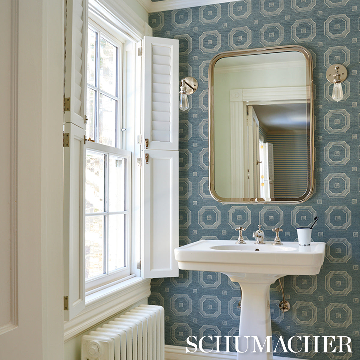 Schumacher Beveled Frame Sisal Denim Wallpaper Sample 5016730