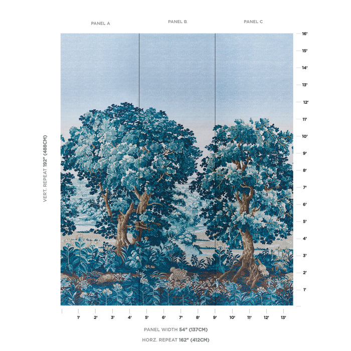 Schumacher La Foret 3 Panel Set Antique Blue Forest Wallpaper 5016822