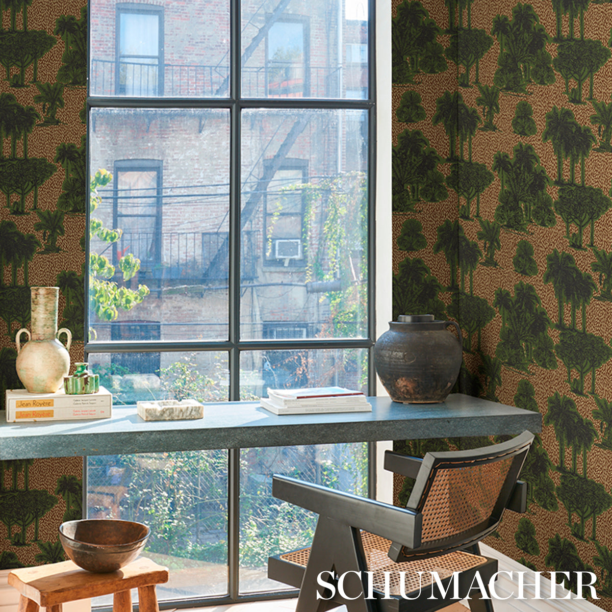Schumacher Tropical Safari Print Orinoco Verdant Oasis Wallpaper Sample 5016920