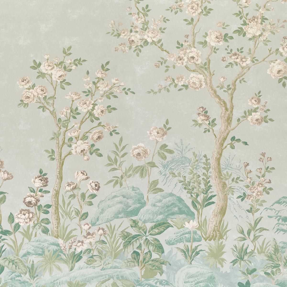 Schumacher Charlotte'S Garden Panel Set Celadon Wallpaper Sample 5017551