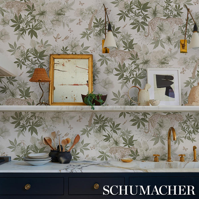 Schumacher Nocturnum Ivory & Olive Wallpaper Sample 5017570