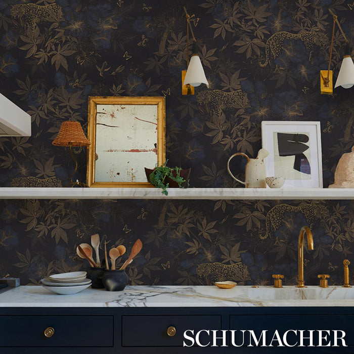 Schumacher Nocturnum Indigo & Ochre Wallpaper Sample 5017571