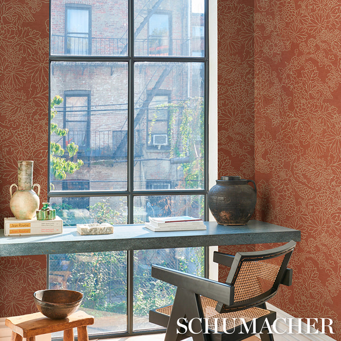 Schumacher Chiang Mai Dragon Silhouette Raffia Terracotta Wallpaper Sample 5017620