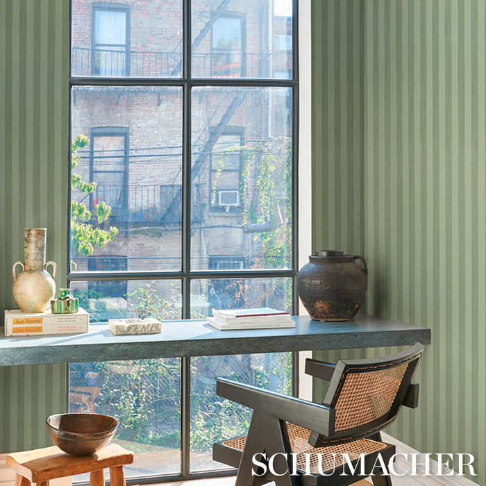 Schumacher Edwin Stripe Medium Sage Wallpaper Sample 5017640