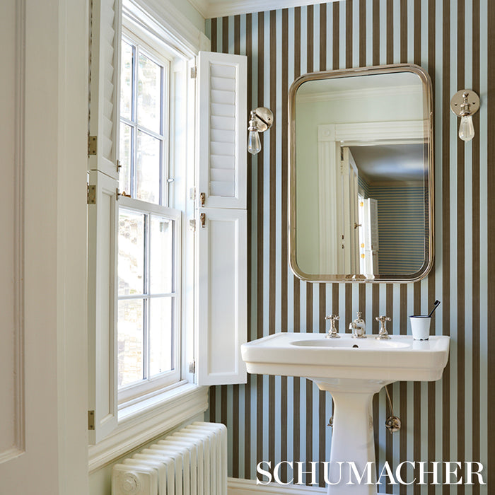 Schumacher Edwin Stripe Medium Brown & Sky Wallpaper 5017642