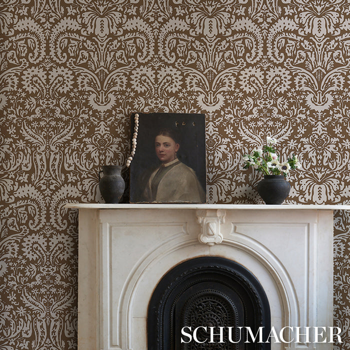 Schumacher Suffolk Damask Brown Wallpaper Sample 5017720