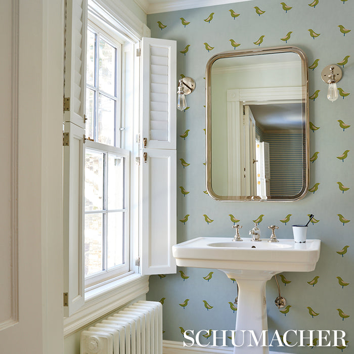 Schumacher Birds Print Green On Sky Wallpaper Sample 5017891