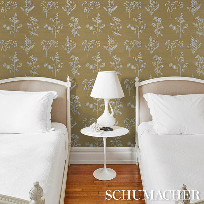 Schumacher Lisbeth Embroidered Sisal Olive Wallpaper Sample 5017910