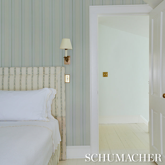 Schumacher Audrey Stripe Sky & Leaf Wallpaper Sample 5018180