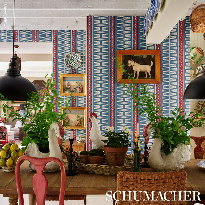 Schumacher Creme Anglaise French Red & Blue Wallpaper 5018300