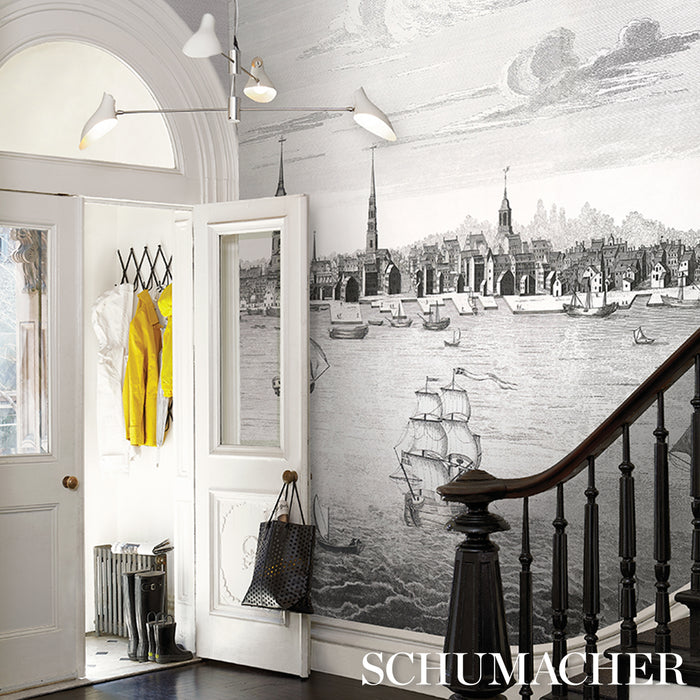 Schumacher Philadelphia Harbor 3 Panel Set Black Wallpaper Sample 5018390