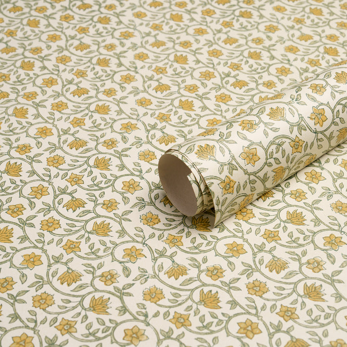 Schumacher Malaya Hand-Block Print Yellow Wallpaper Sample 5018461