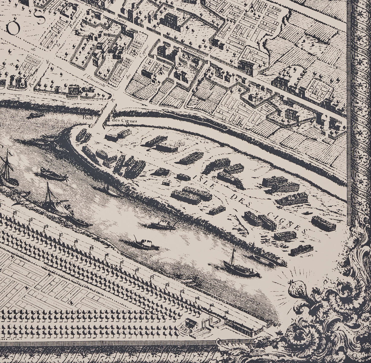 Schumacher La Cite Panel Set Ebony On Cream Wallpaper Sample 511450