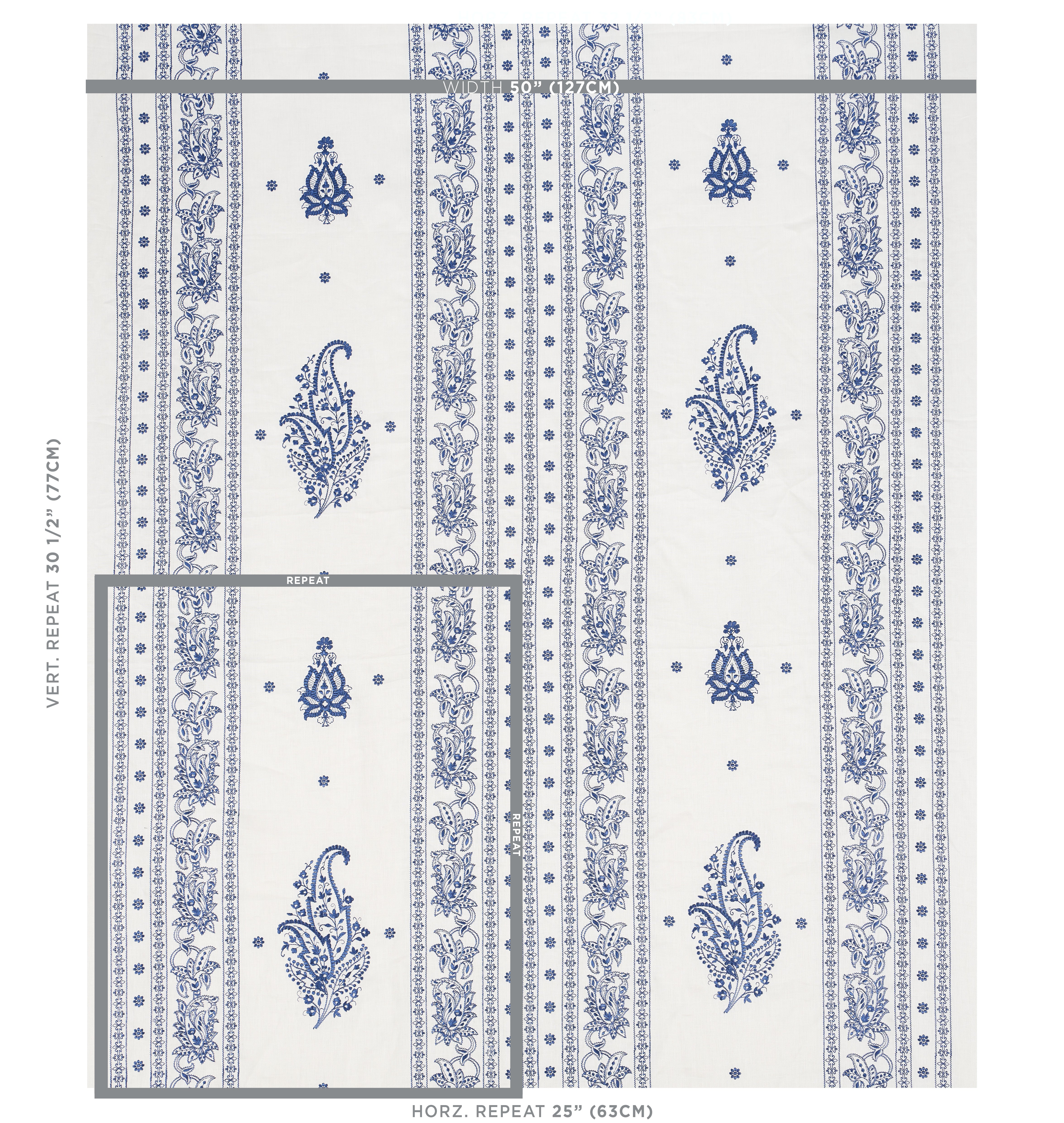 Schumacher Jaipur Linen Embroidery Blue Fabric Sample 65802