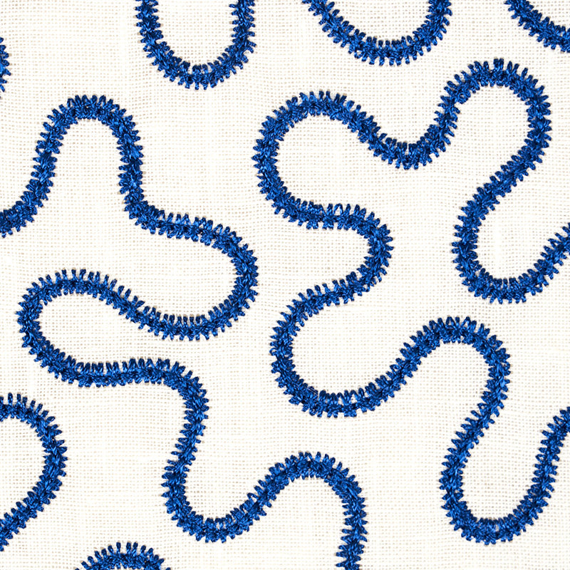 Schumacher Meander Embroidery Blue On Ivory Fabric Sample 67603