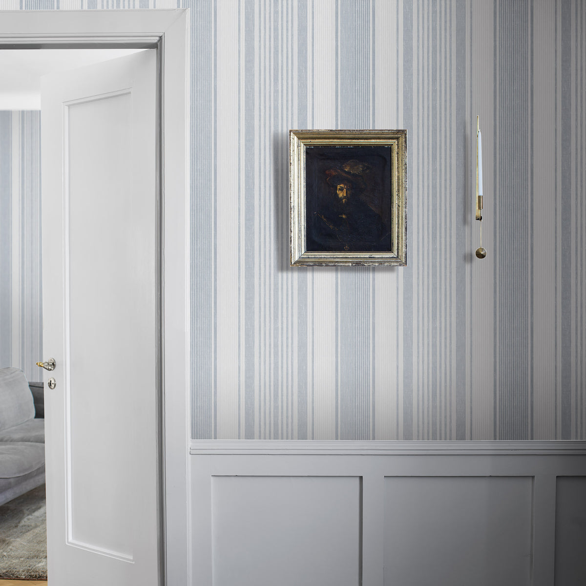 Schumacher Linen Stripe Blue Wallpaper Sample 6860