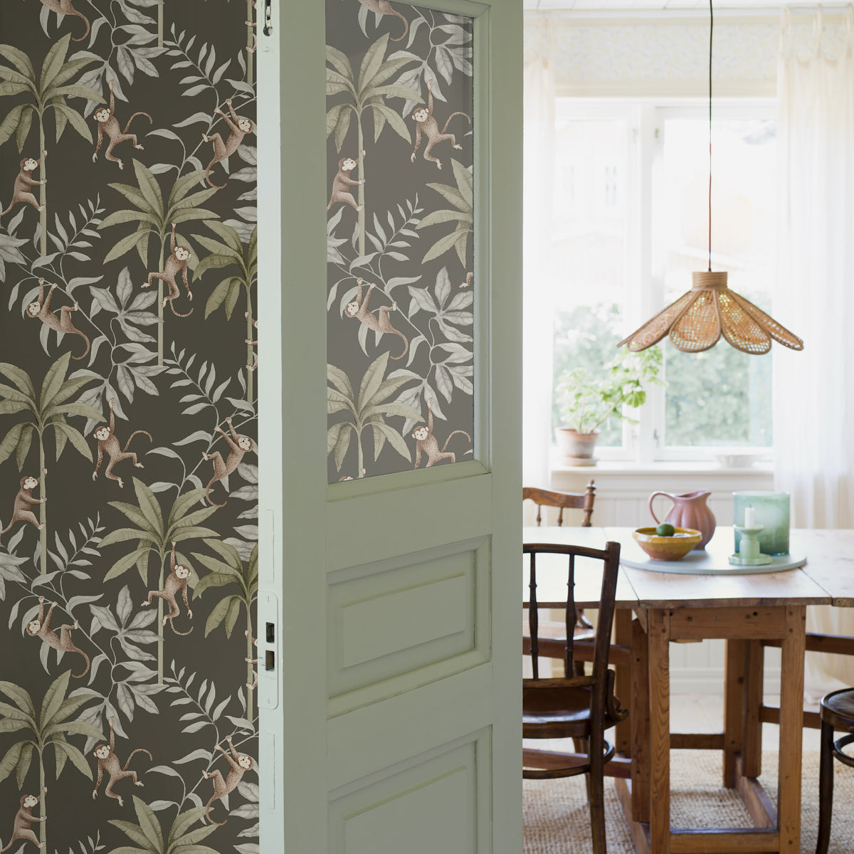 Schumacher Jungle Friends Pewter Green Wallpaper Sample 6935