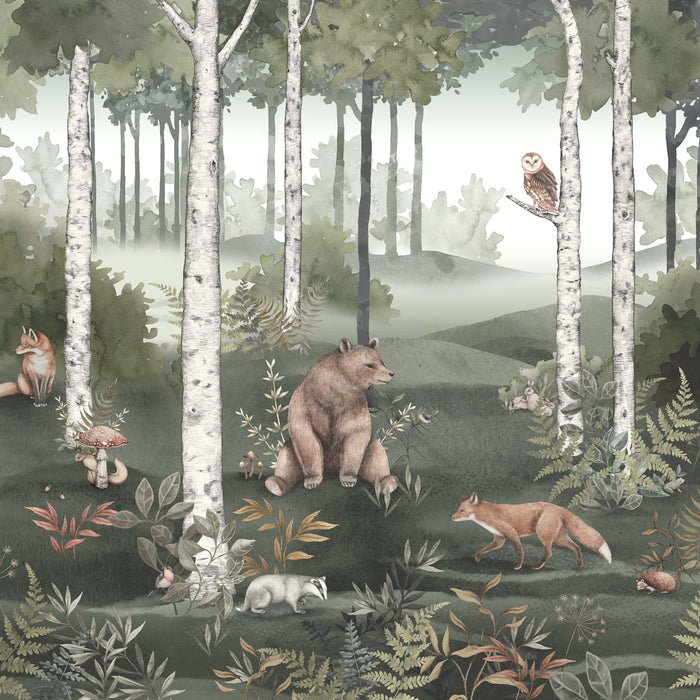 Schumacher Wild Forest Mural Spruce Wallpaper Sample 6943