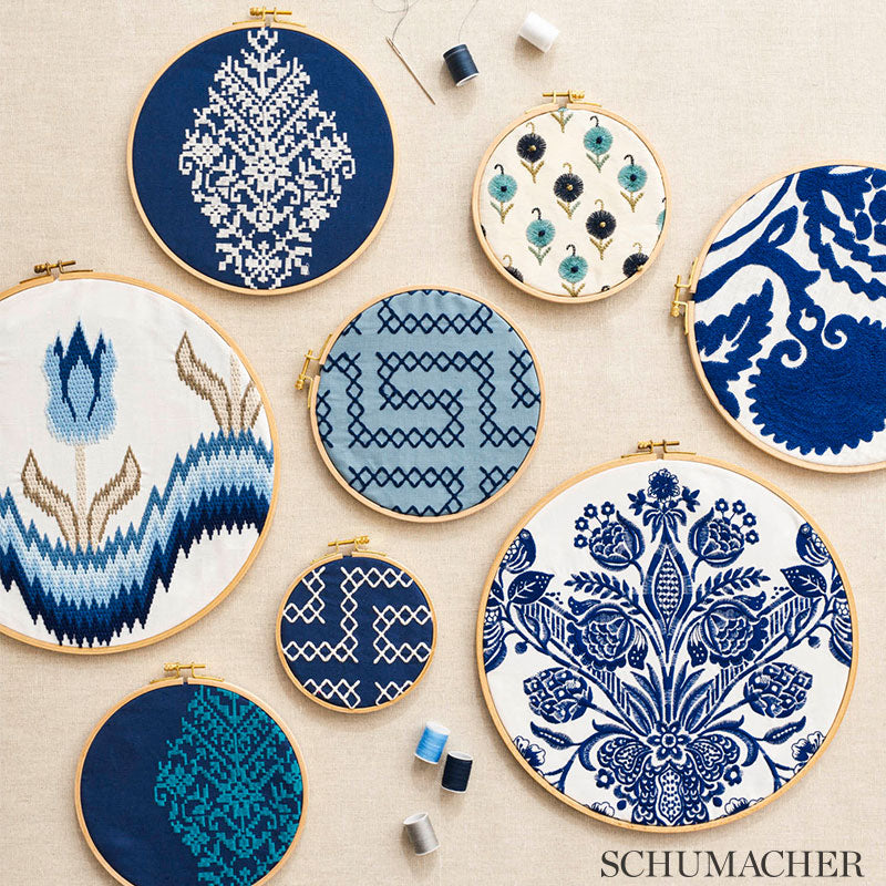 Schumacher Tulip Flamestitch Embroidery Blue 70272 Fabric | 40% Off ...