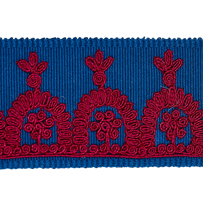 Schumacher Noelia Embroidered Tape Red On Blue Trim 74156