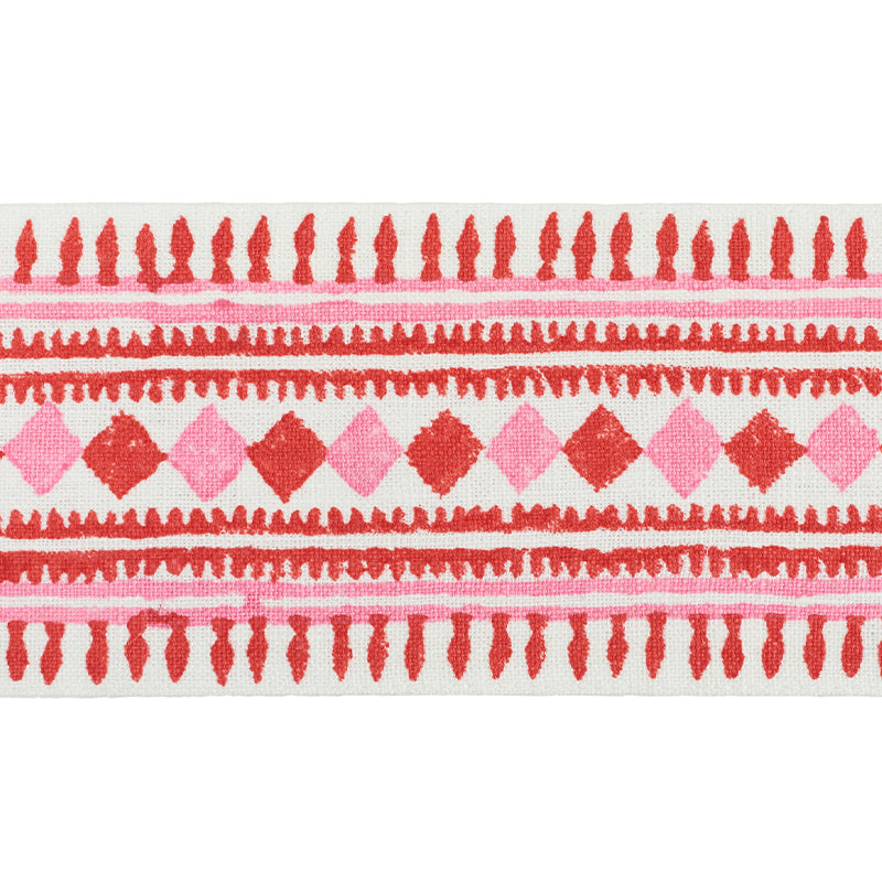 Schumacher Toula Hand Blocked Linen Tape Red & Pink Trim Sample 77331