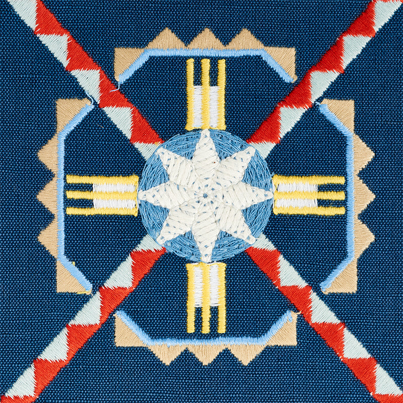 Schumacher Chamizal Embroidery Blue & Red Fabric 77601