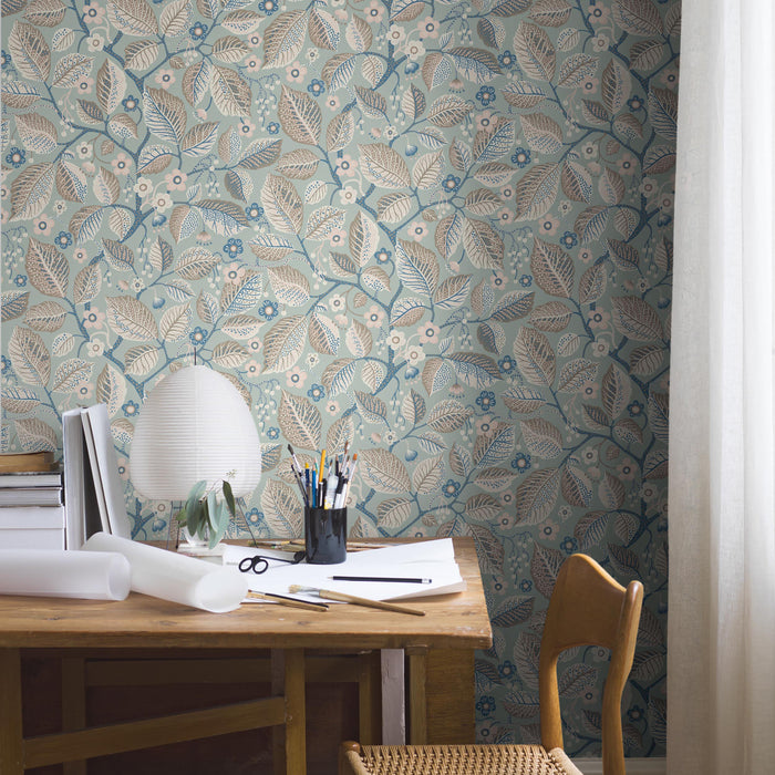 Schumacher Elm Tree Blue And Pink Wallpaper 7785