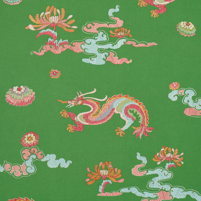 Schumacher Hanlun Dragon Embroidery Green Fabric Sample 78112