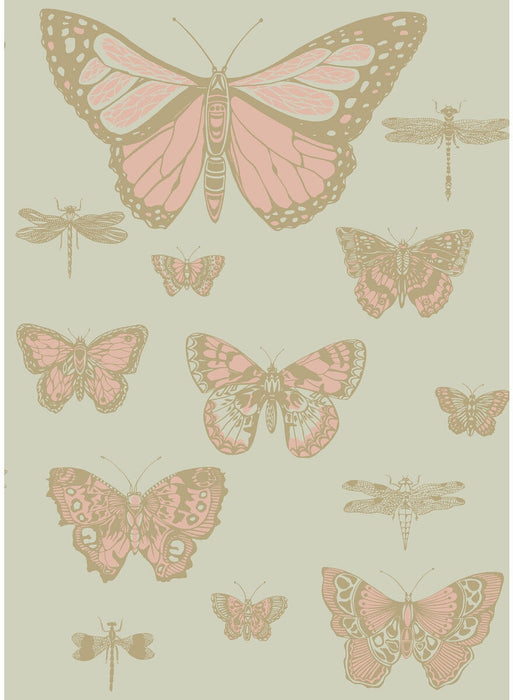 Cole & Son Butterflies & Dragonflies Pink On Oliv Wallpaper Sample 103/15063.CS.0