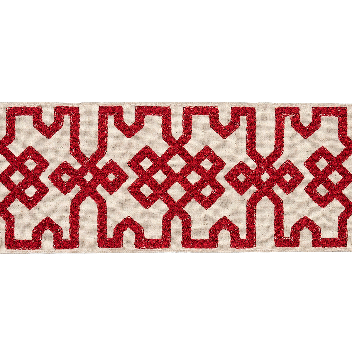 Schumacher Knotted Trellis Tape Crimson On Unbleached Trim Sample 80881