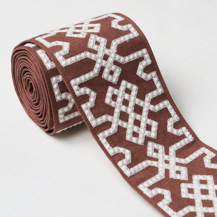 Schumacher Knotted Trellis Tape Grey On Brown Trim Sample 80886
