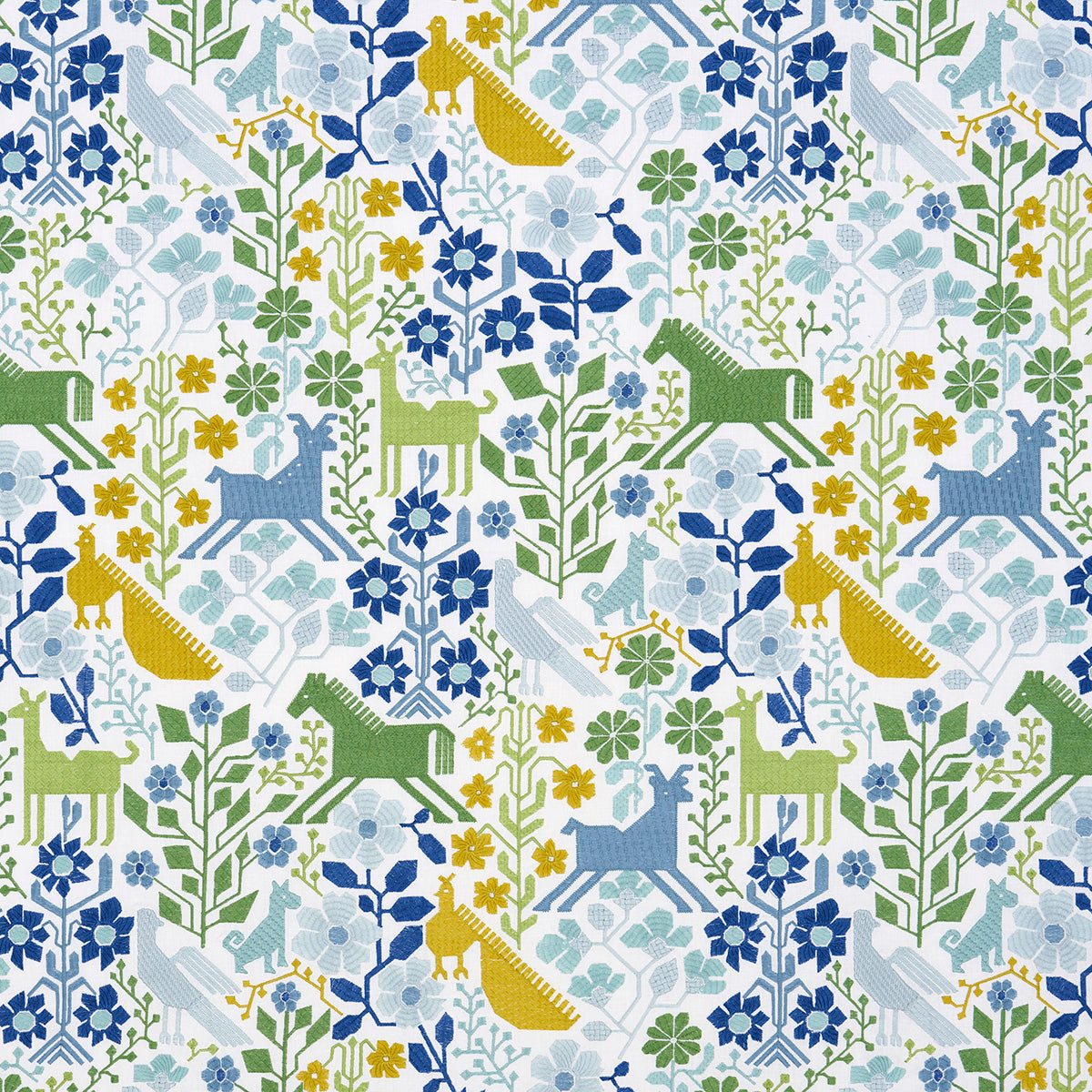 Schumacher Lupita Embroidery Green & Blue Fabric Sample 81521