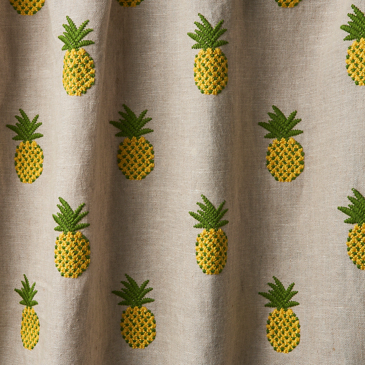 Schumacher Pineapple Embroidery Green On Natural Fabric 81531