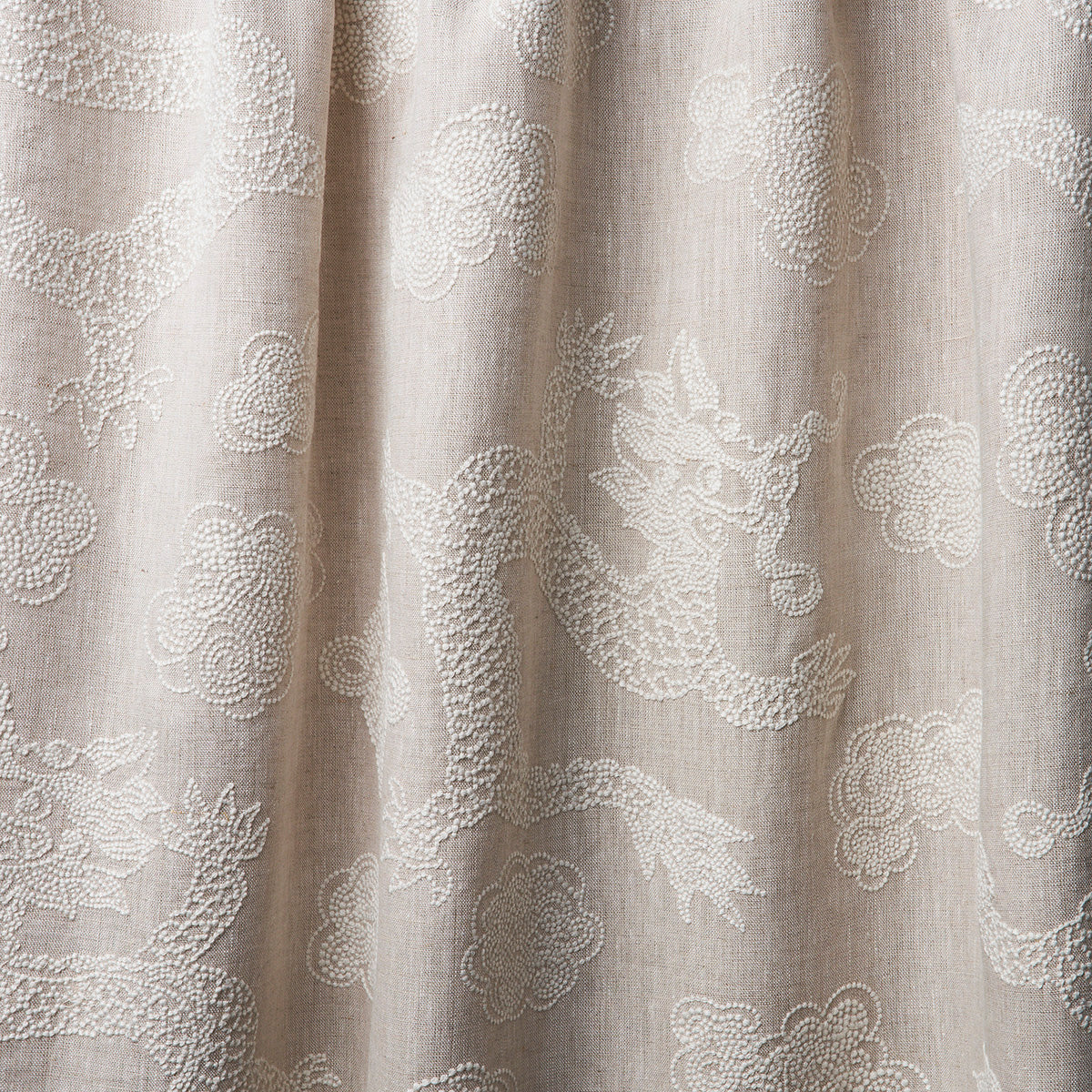 Schumacher Dragon Embroidery Ivory On Natural Fabric Sample 81551