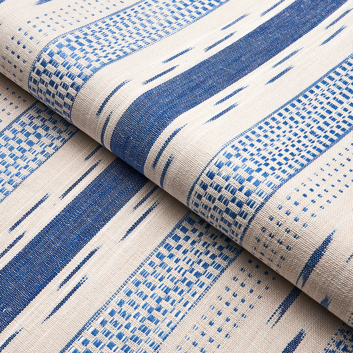 Schumacher Mirza Ikat Stripe Blue On Natural Fabric 82110