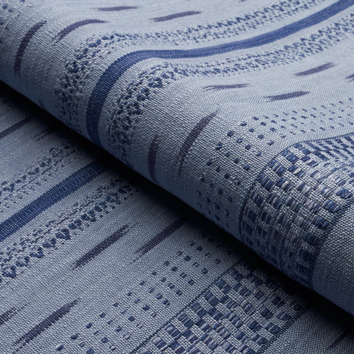 Schumacher Mirza Ikat Stripe Indigo On Chambray Fabric 82112