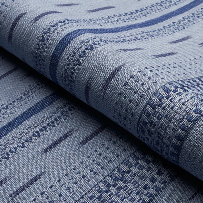 Schumacher Mirza Ikat Stripe Indigo On Chambray Fabric 82112