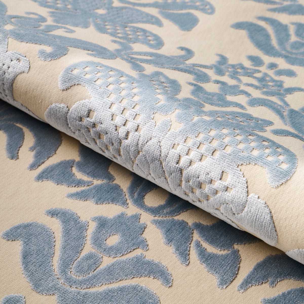 Schumacher Limbourg Damask Velvet Sky Fabric 82160