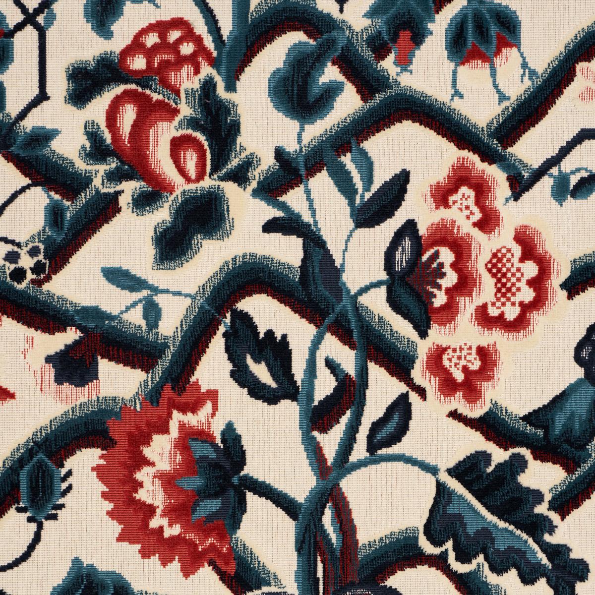 Schumacher Jacobean Garden Velvet Cinnabar & Peacock Fabric 84821