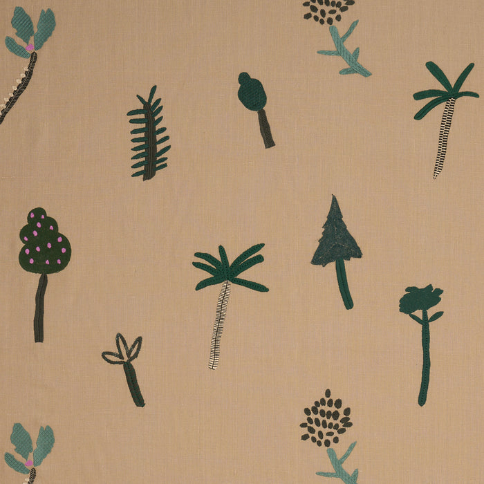 Schumacher Tropical Trees Green On Natural Fabric Sample 85851