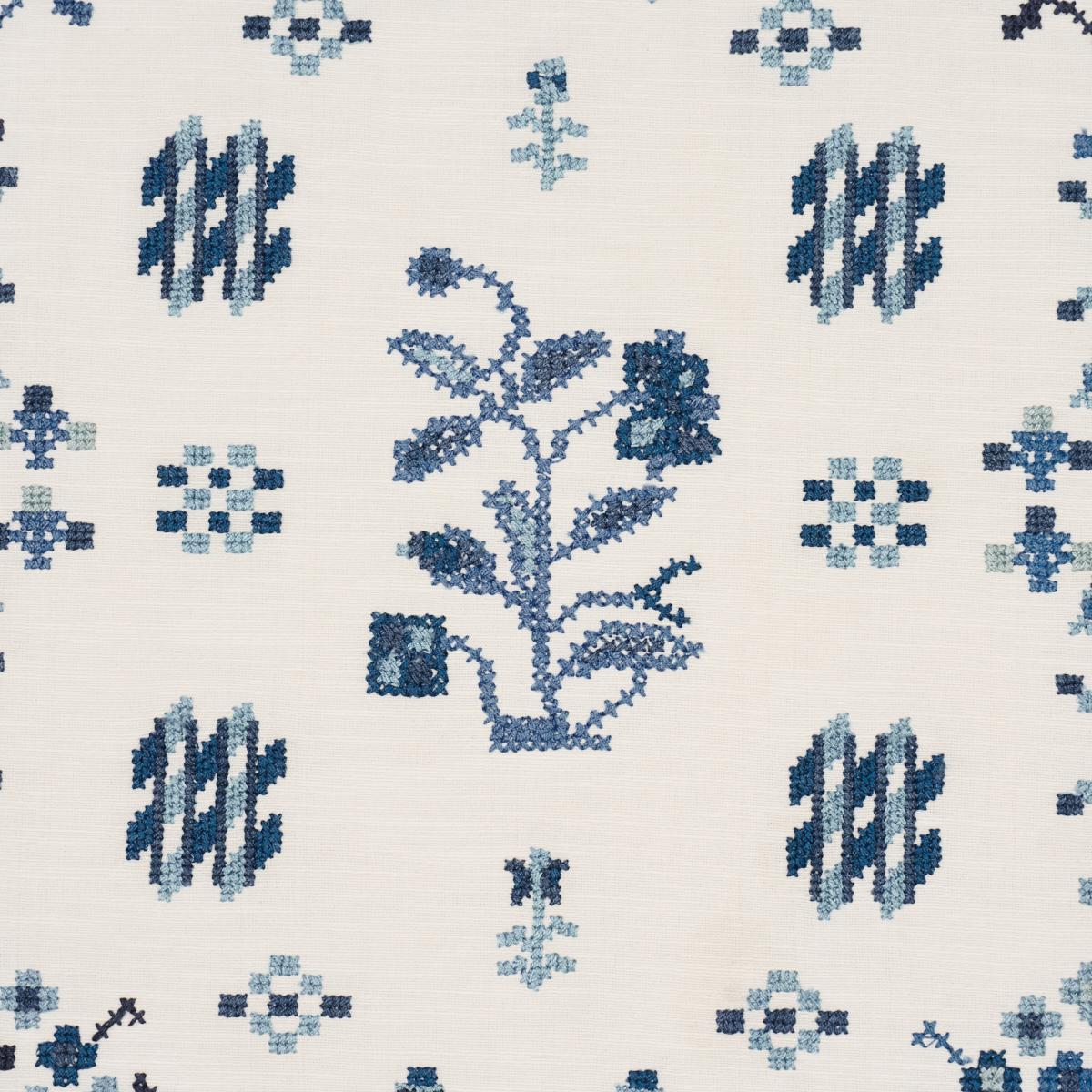 Schumacher Fairview Cross Stitch Embroidery Indigo Fabric 85981