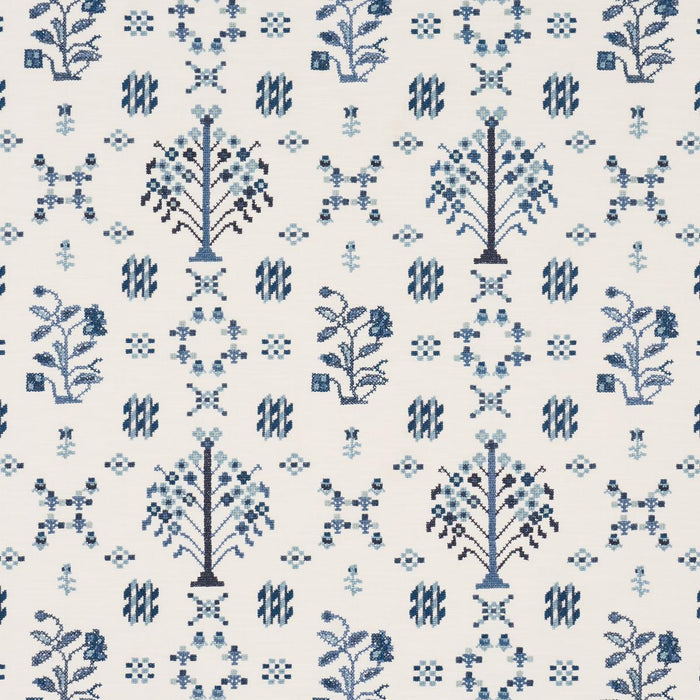 Schumacher Fairview Cross Stitch Embroidery Indigo Fabric 85981