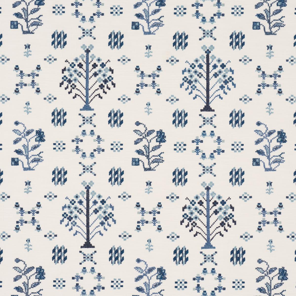 Schumacher Fairview Cross Stitch Embroidery Indigo Fabric Sample 85981