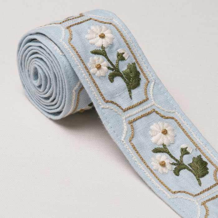 Schumacher Jolie Hand Embroidered Tape Sky Trim Sample 86301